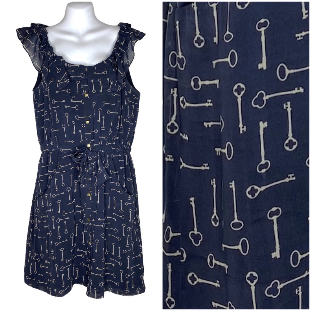 Banana Republic Dress Key Pattern Navy Ruffle Button Up Pockets Tie Belt Size 6
